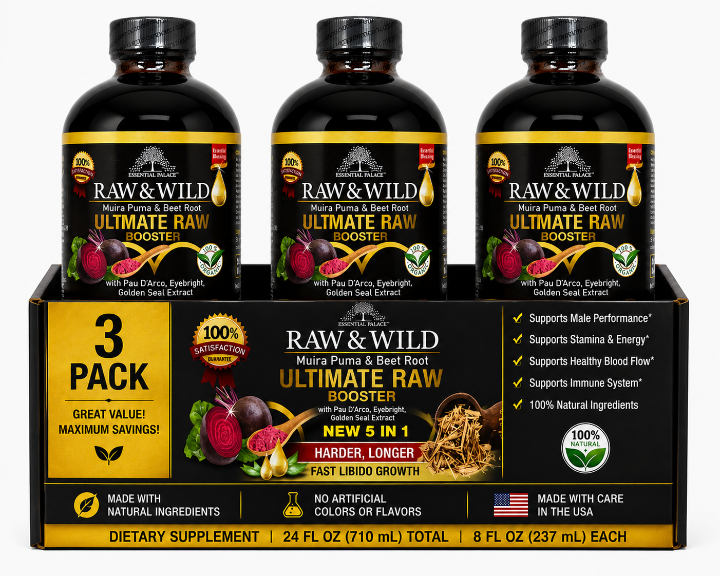 Raw & Wild Ultimate Booster Tonic with Pau D’Arco & Beet Root for Energy, Immunity & Circulation Support | Herbal Liquid Supplement - 8oz