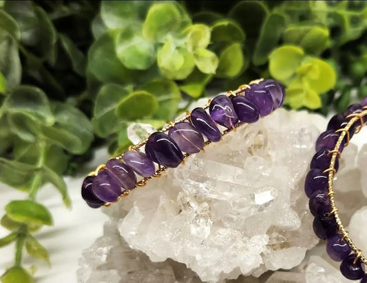 Amethyst Rough Gemstone Wire-Wrapped Bangle Bracelet