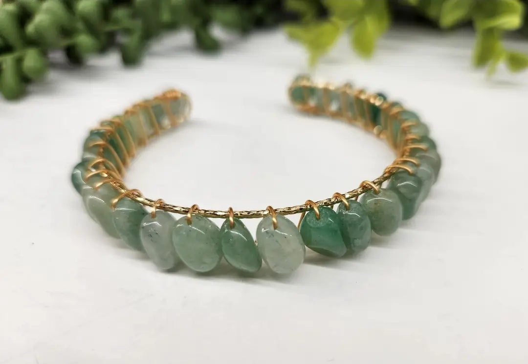 Green Aventurine Wire-Wrapped Bangle Bracelet