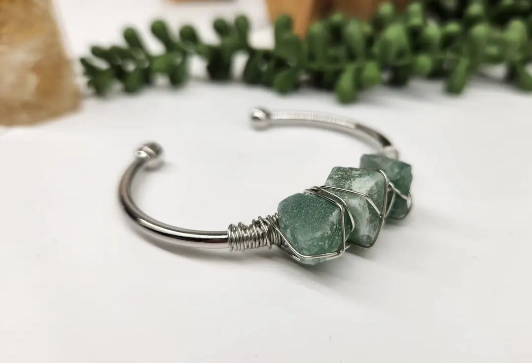 Green Aventurine Rough Gemstone Wire-Wrapped Bangle Bracelet