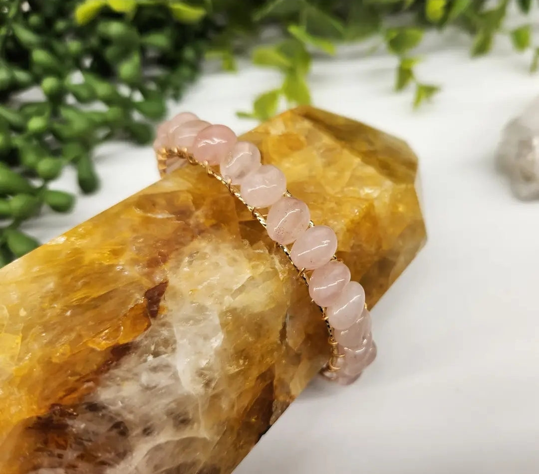 Rose Quartz Wire-Wrapped Bangle Bracelet