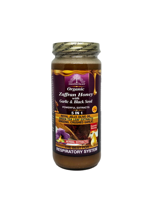 Organic Zaffran (Saffron) Infused Honey with Garlic, Black Seed & Ginseng for Respiratory & Immune Support - 16oz