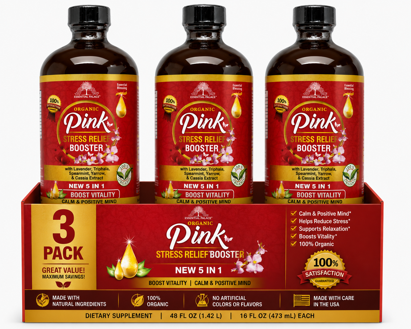 Organic Pink Stress Relief Booster with Lavender and Triphala for Calm & Balance | Herbal Liquid Supplement - 8oz