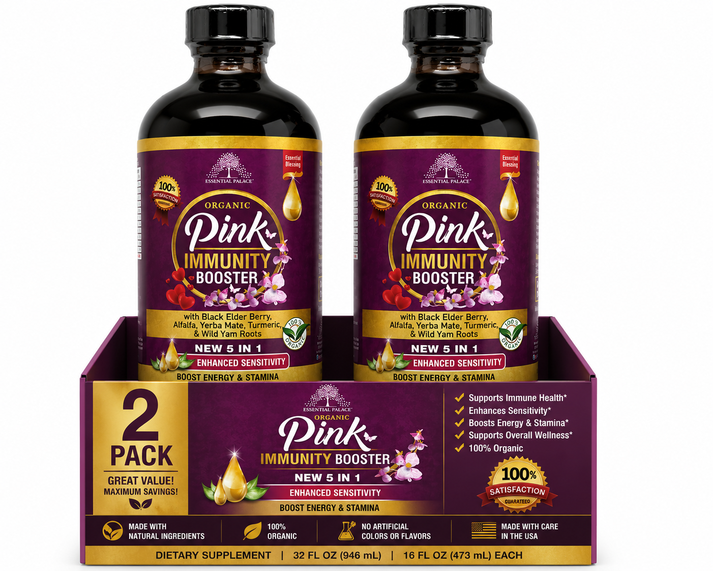 Organic Pink Immunity Booster with Elderberry and Alfalfa for Immune Support | Herbal Liquid Supplement - 8oz
