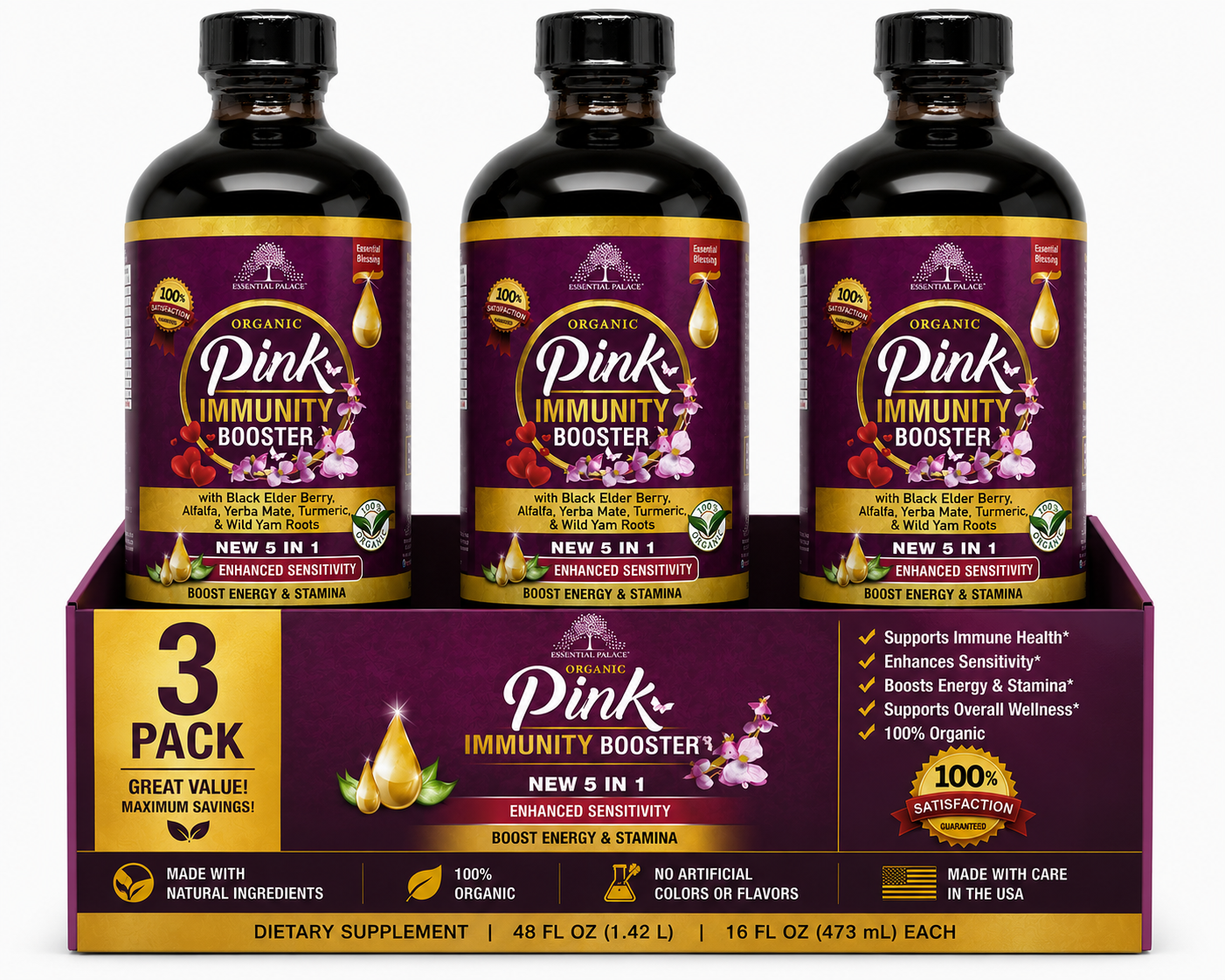 Organic Pink Immunity Booster with Elderberry and Alfalfa for Immune Support | Herbal Liquid Supplement - 8oz