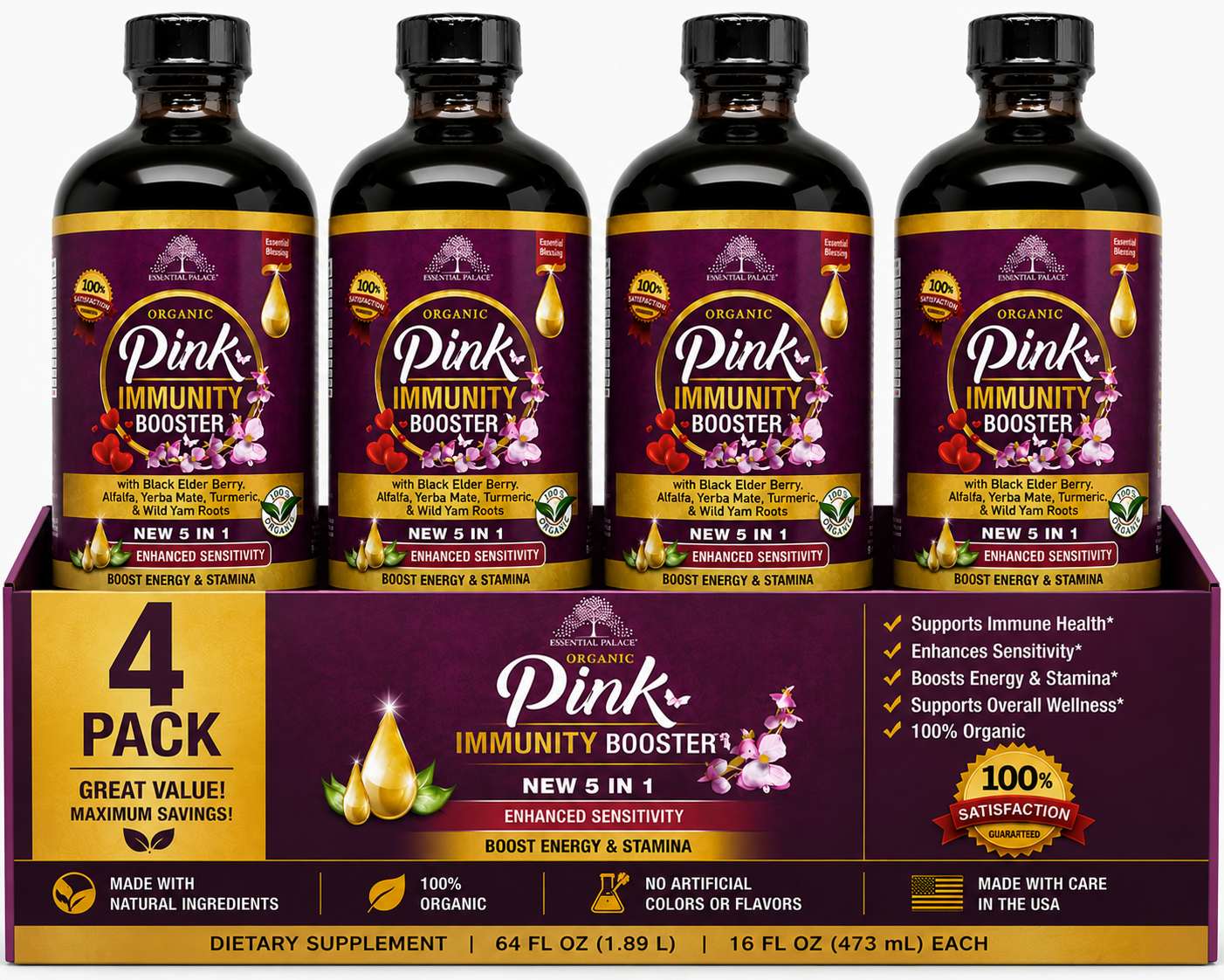 Organic Pink Immunity Booster with Elderberry and Alfalfa for Immune Support | Herbal Liquid Supplement - 8oz