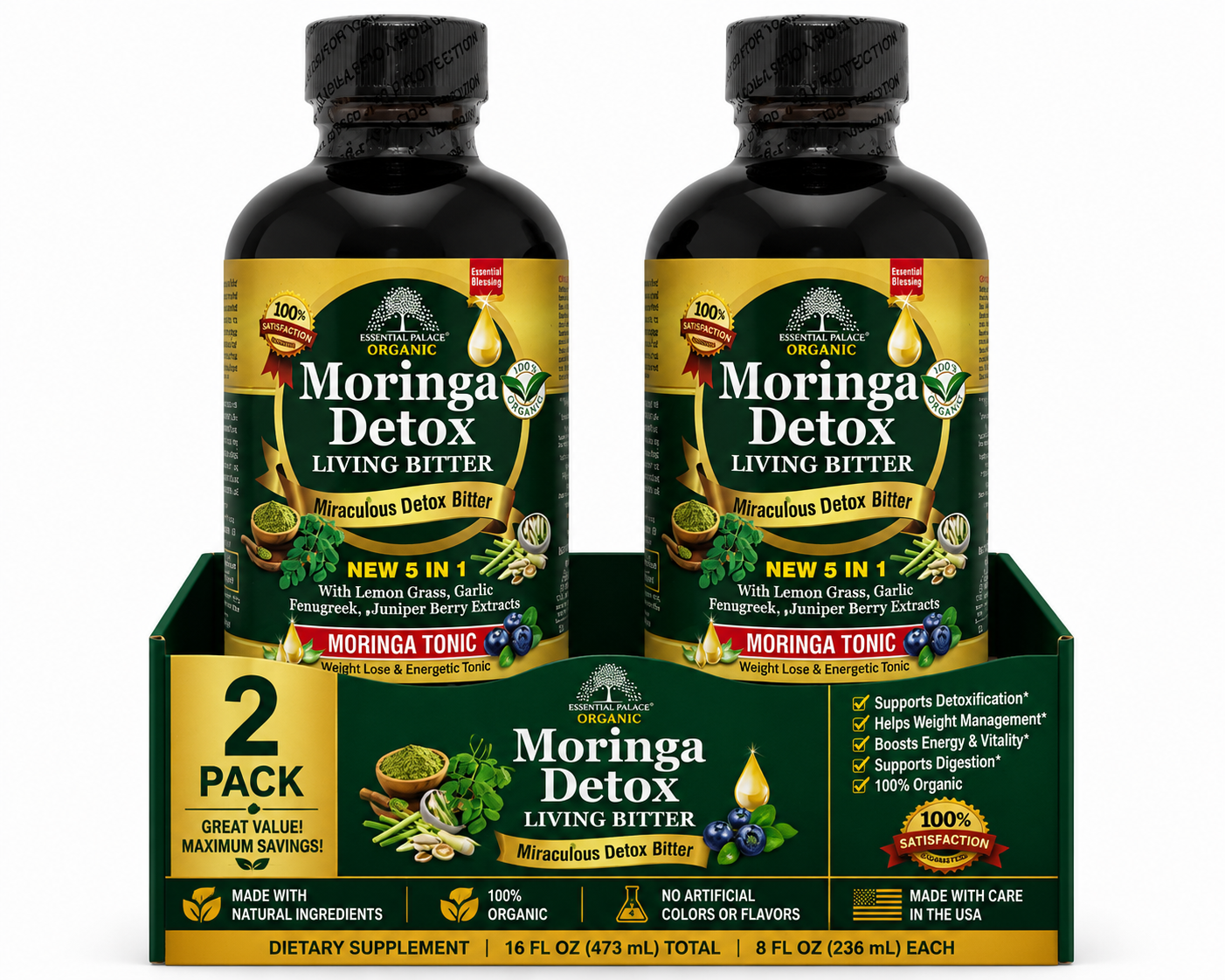 Moringa Detox Living Bitters with Lemongrass for Digestive & Daily Cleanse Support | Herbal Liquid Supplement