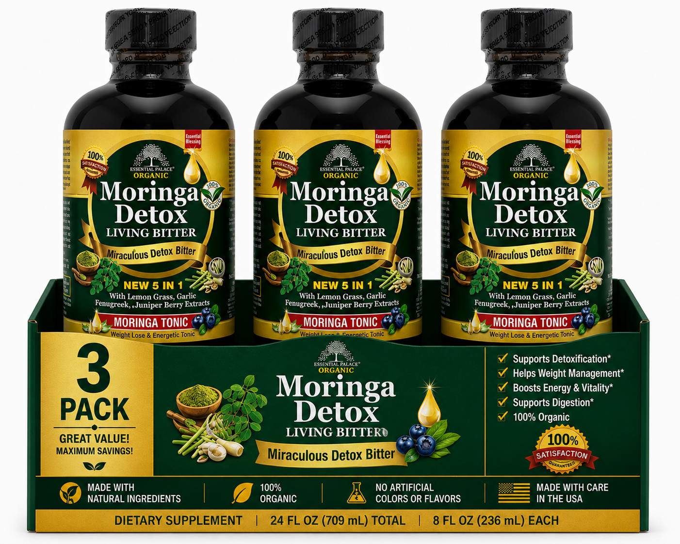 Moringa Detox Living Bitters with Lemongrass for Digestive & Daily Cleanse Support | Herbal Liquid Supplement