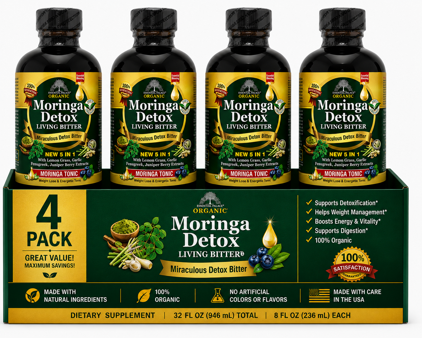 Moringa Detox Living Bitters with Lemongrass for Digestive & Daily Cleanse Support | Herbal Liquid Supplement