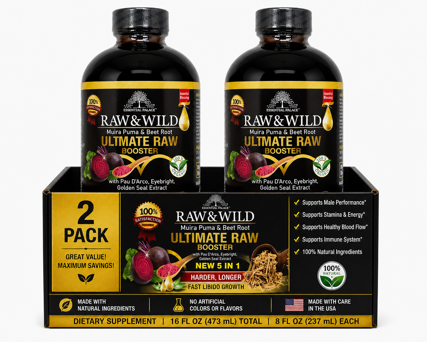 Raw & Wild Ultimate Booster Tonic with Pau D’Arco & Beet Root for Energy, Immunity & Circulation Support | Herbal Liquid Supplement - 8oz