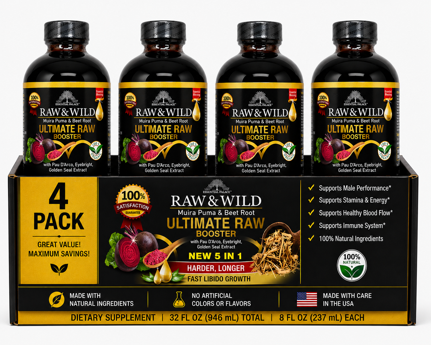 Raw & Wild Ultimate Booster Tonic with Pau D’Arco & Beet Root for Energy, Immunity & Circulation Support | Herbal Liquid Supplement - 8oz