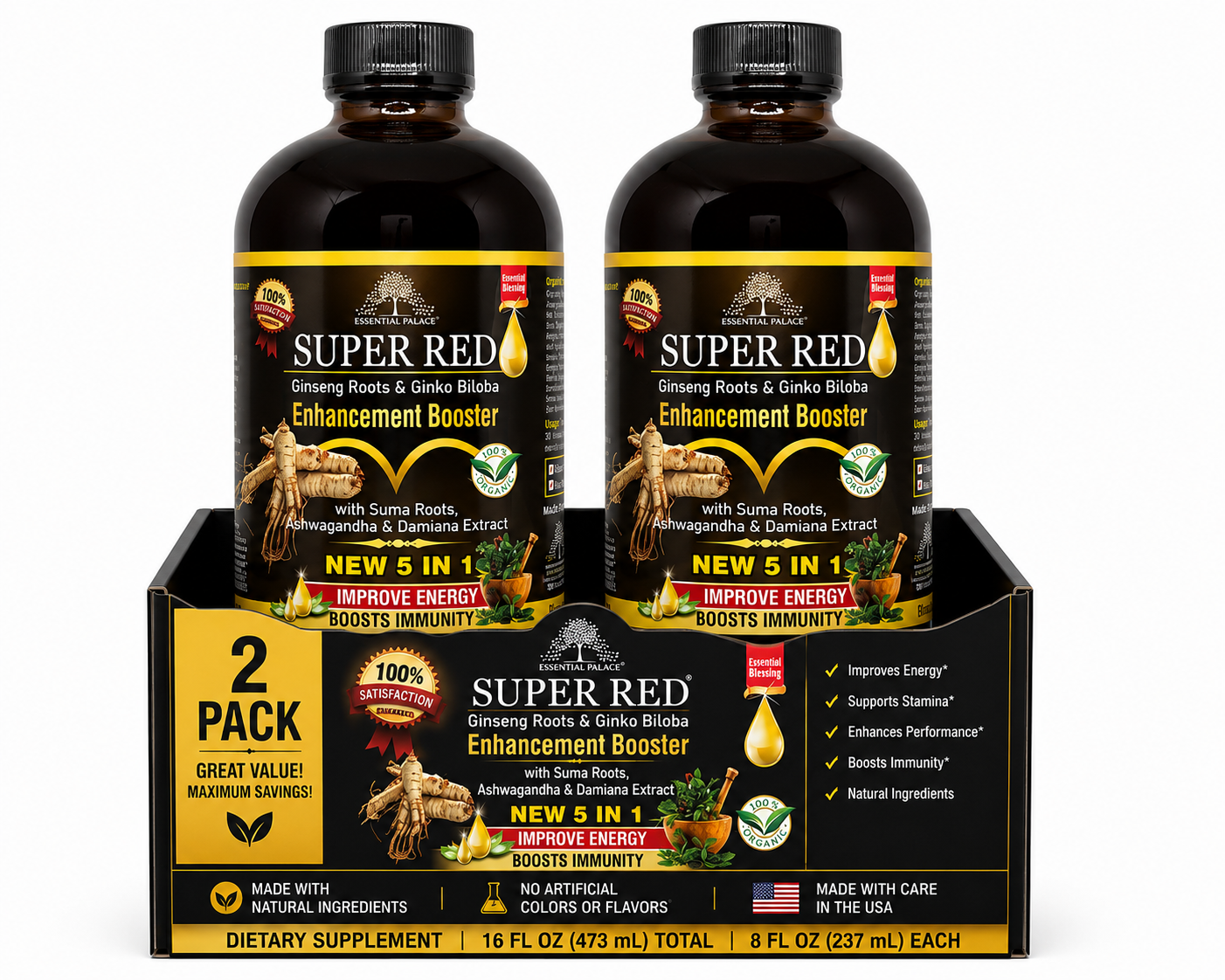 Super Red Enhancement Booster with Ginseng & Ginkgo for Energy, Stamina & Focus Support | Herbal Liquid Supplement - 8oz