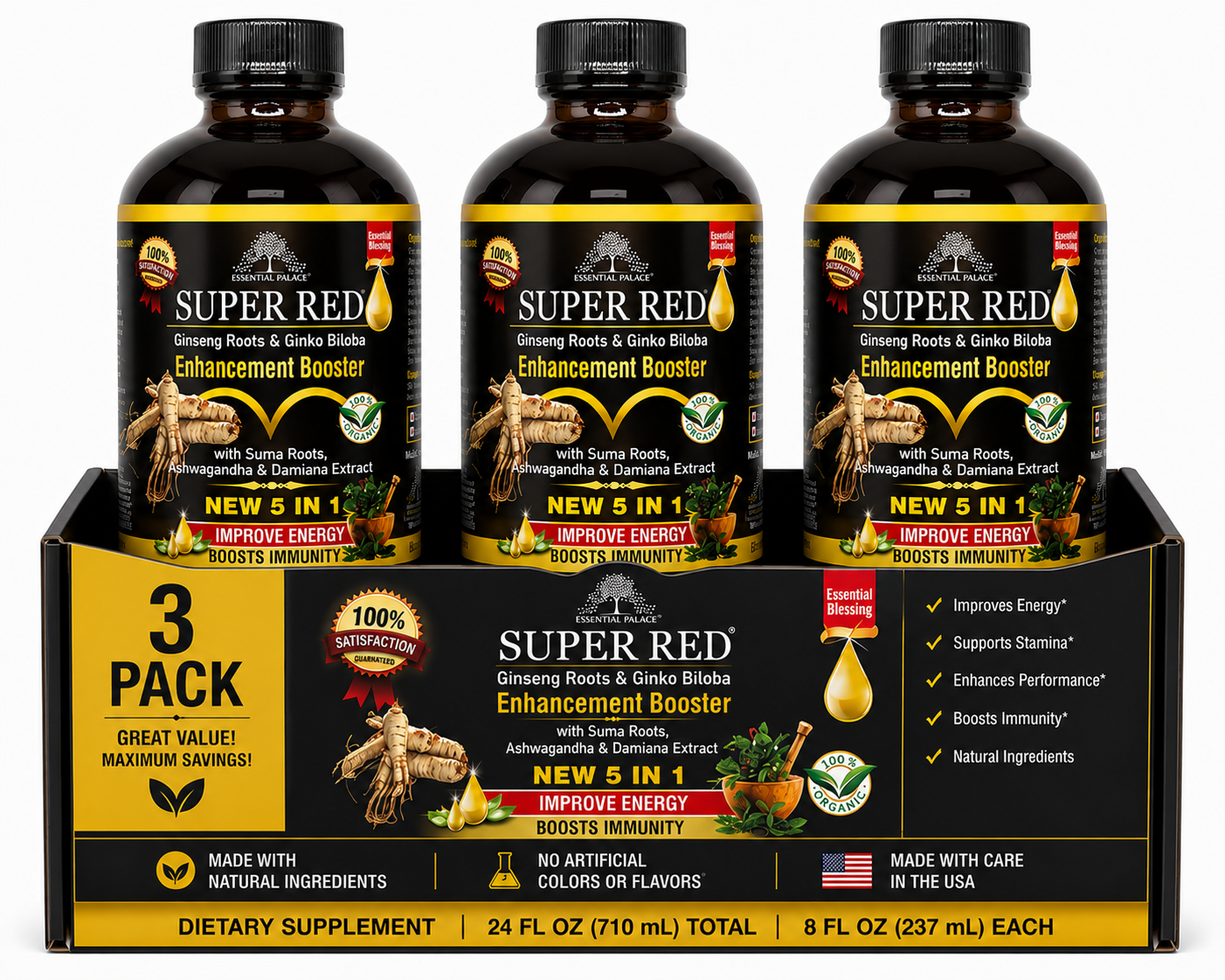 Super Red Enhancement Booster with Ginseng & Ginkgo for Energy, Stamina & Focus Support | Herbal Liquid Supplement - 8oz