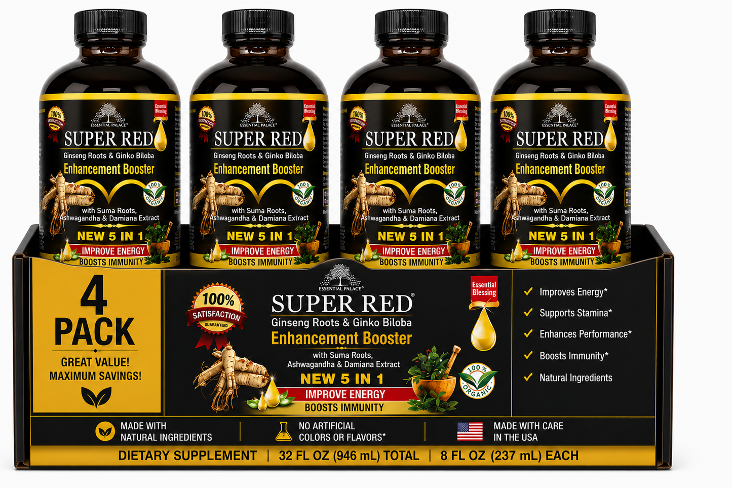Super Red Enhancement Booster with Ginseng & Ginkgo for Energy, Stamina & Focus Support | Herbal Liquid Supplement - 8oz