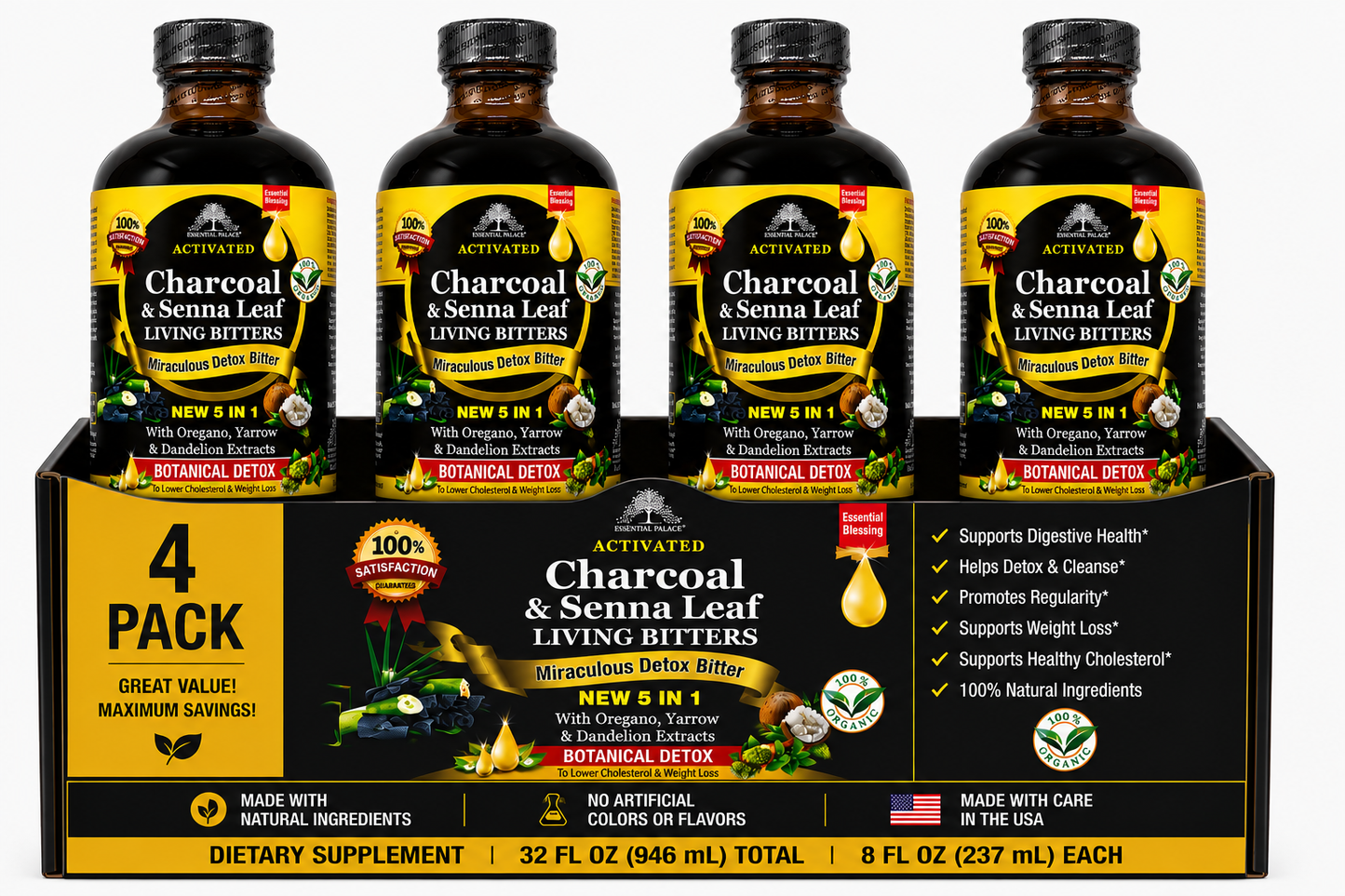 Activated Charcoal & Senna - Living Bitters for Detox, Gut Cleanse & Bloating Support | Herbal Liquid Supplement