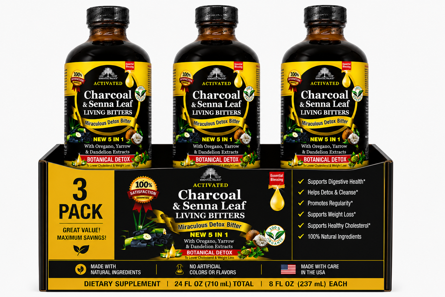 Activated Charcoal & Senna - Living Bitters for Detox, Gut Cleanse & Bloating Support | Herbal Liquid Supplement