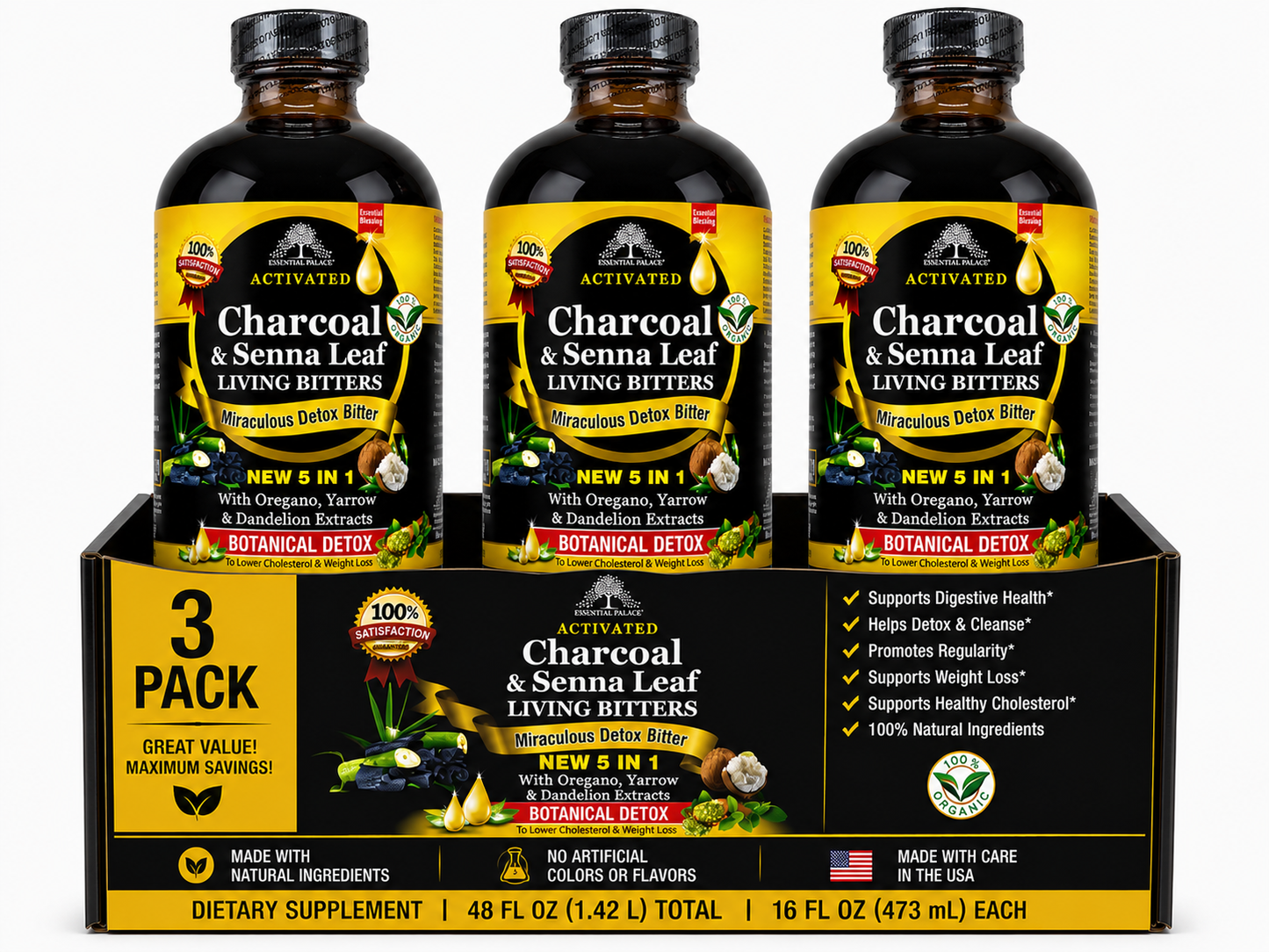 Activated Charcoal & Senna - Living Bitters for Detox, Gut Cleanse & Bloating Support | Herbal Liquid Supplement