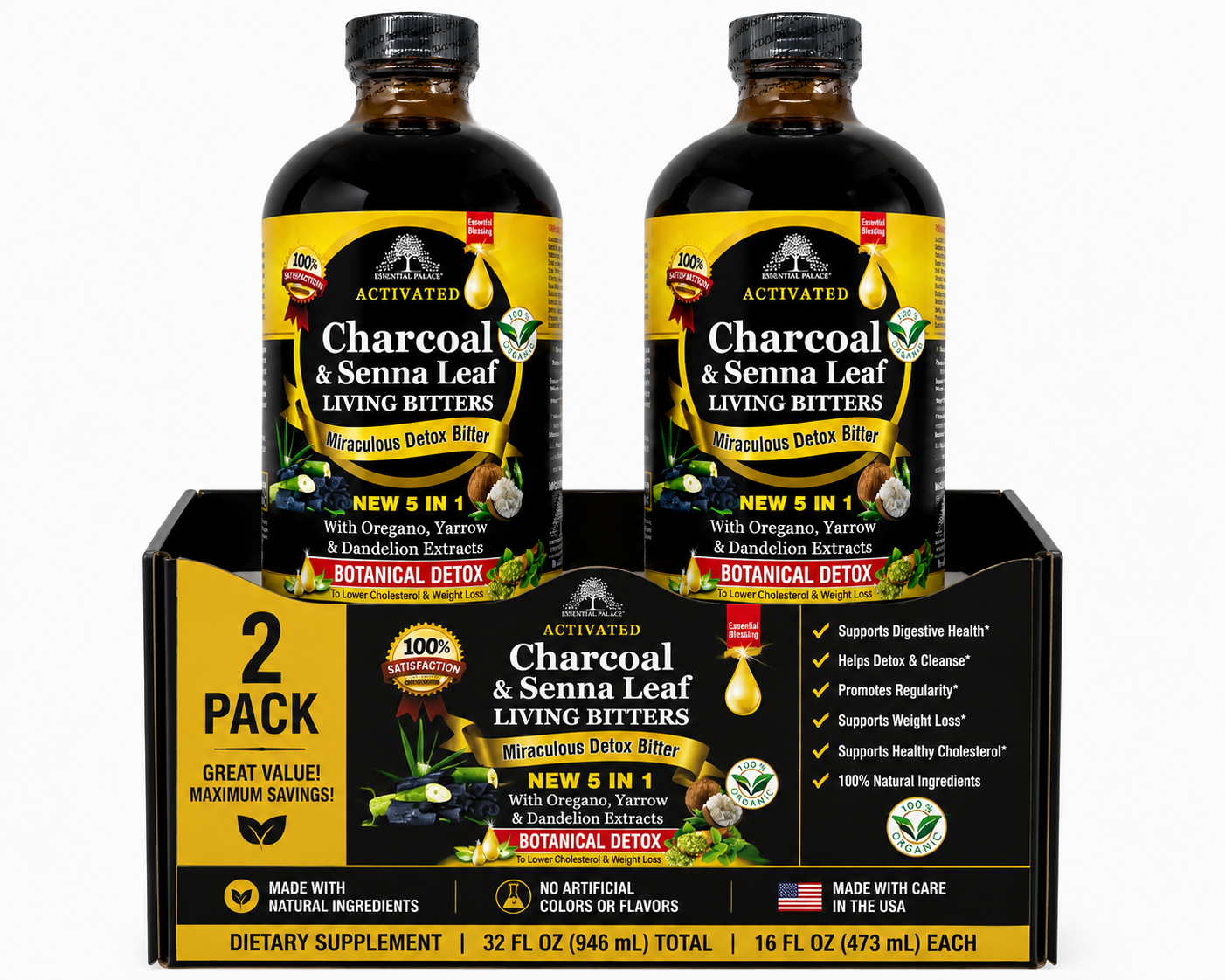 Activated Charcoal & Senna - Living Bitters for Detox, Gut Cleanse & Bloating Support | Herbal Liquid Supplement