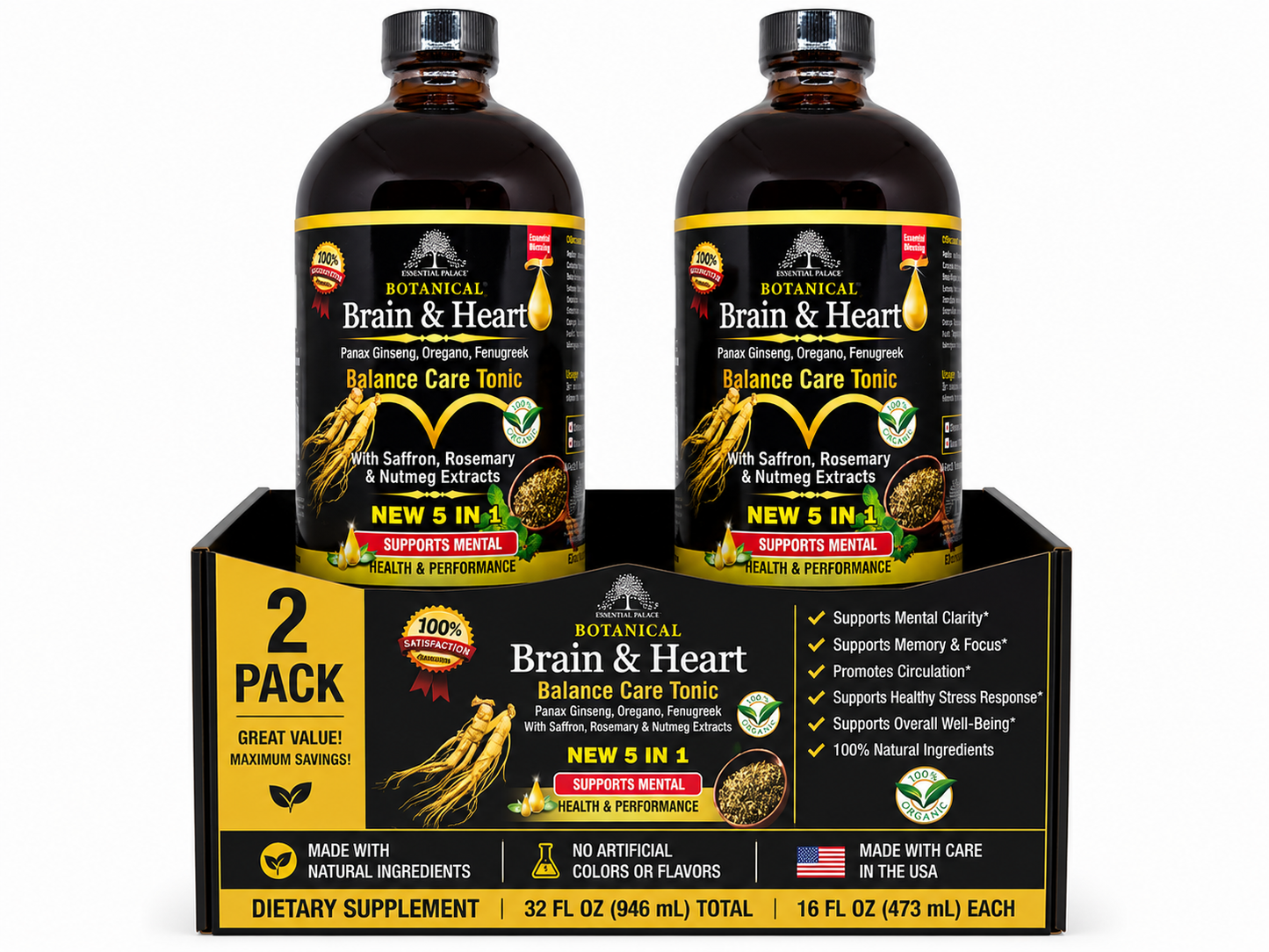 Brain & Heart Balance Tonic with Panax Ginseng & Saffron  for Focus, Mood & Circulation Support | Herbal Liquid Supplement