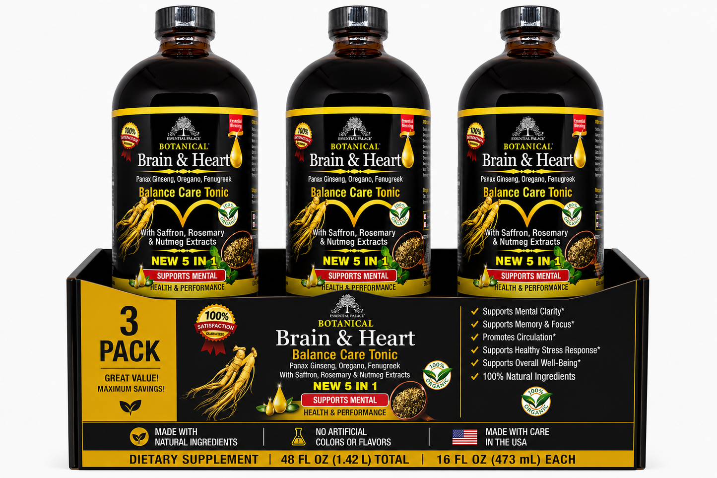 Brain & Heart Balance Tonic with Panax Ginseng & Saffron  for Focus, Mood & Circulation Support | Herbal Liquid Supplement
