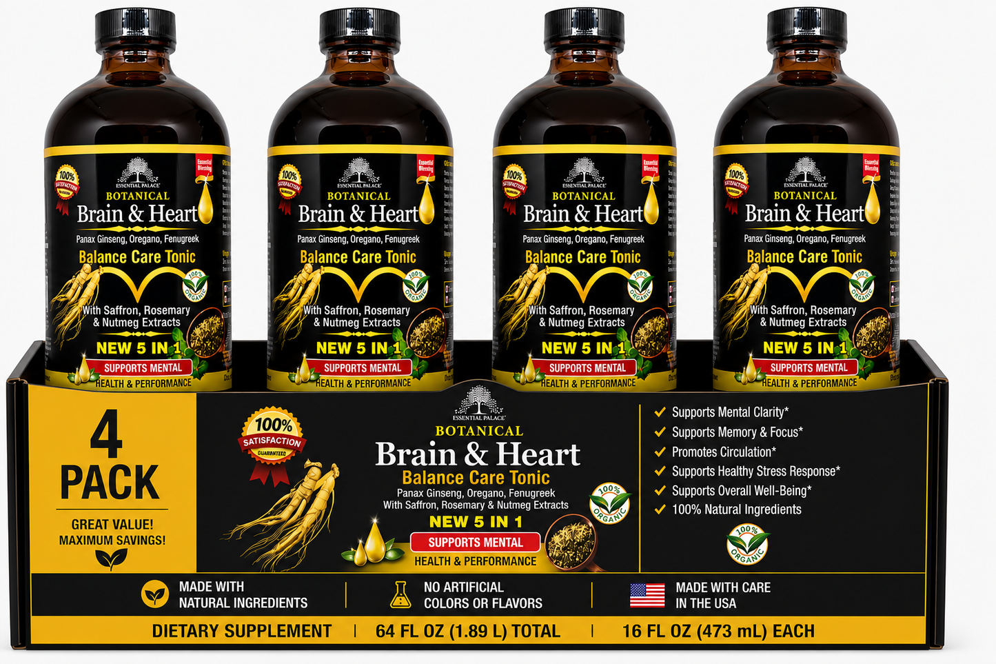 Brain & Heart Balance Tonic with Panax Ginseng & Saffron  for Focus, Mood & Circulation Support | Herbal Liquid Supplement