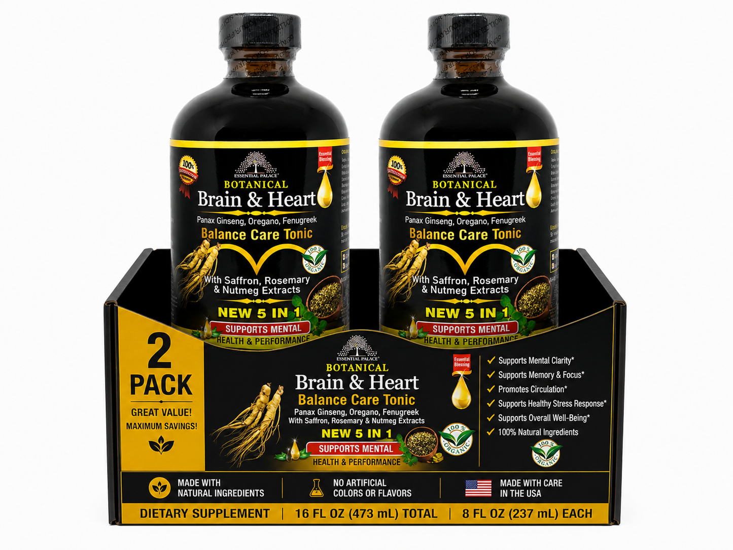 Brain & Heart Balance Tonic with Panax Ginseng & Saffron  for Focus, Mood & Circulation Support | Herbal Liquid Supplement