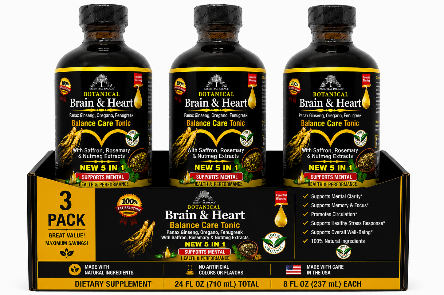 Brain & Heart Balance Tonic with Panax Ginseng & Saffron  for Focus, Mood & Circulation Support | Herbal Liquid Supplement