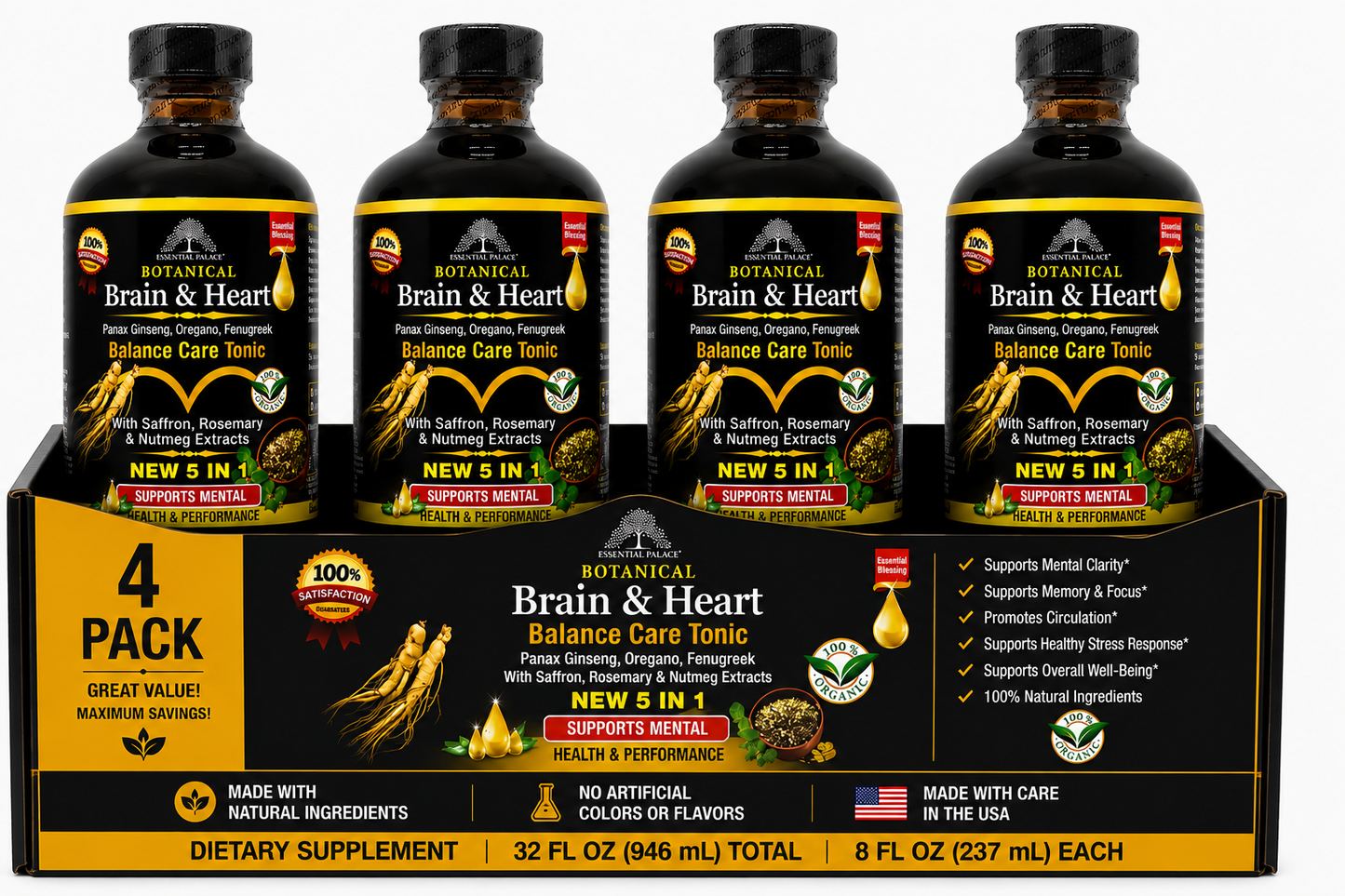 Brain & Heart Balance Tonic with Panax Ginseng & Saffron  for Focus, Mood & Circulation Support | Herbal Liquid Supplement