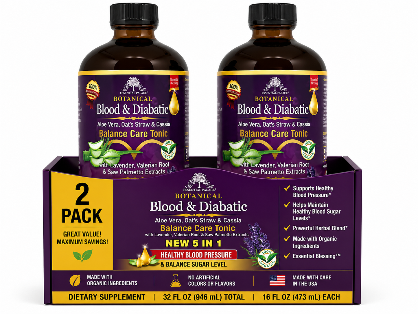 Blood Sugar & Circulation Balance Tonic with Aloe Vera, Cassia, Valerian Root and Saw Palmetto  for Metabolism & Heart Support | Herbal Liquid Supplement