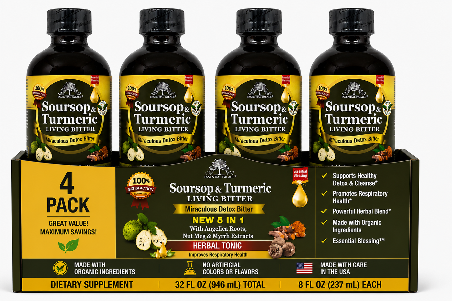 Soursop & Turmeric Living Bitters with Angelica Roots, Nutmeg & Cassia for Detox, Gut Health & Immune Support | Herbal Liquid Supplement