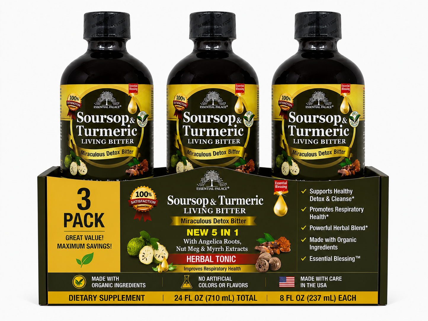 Soursop & Turmeric Living Bitters with Angelica Roots, Nutmeg & Cassia for Detox, Gut Health & Immune Support | Herbal Liquid Supplement