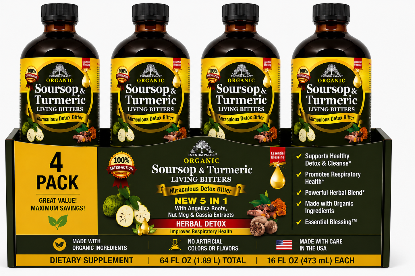 Soursop & Turmeric Living Bitters with Angelica Roots, Nutmeg & Cassia for Detox, Gut Health & Immune Support | Herbal Liquid Supplement