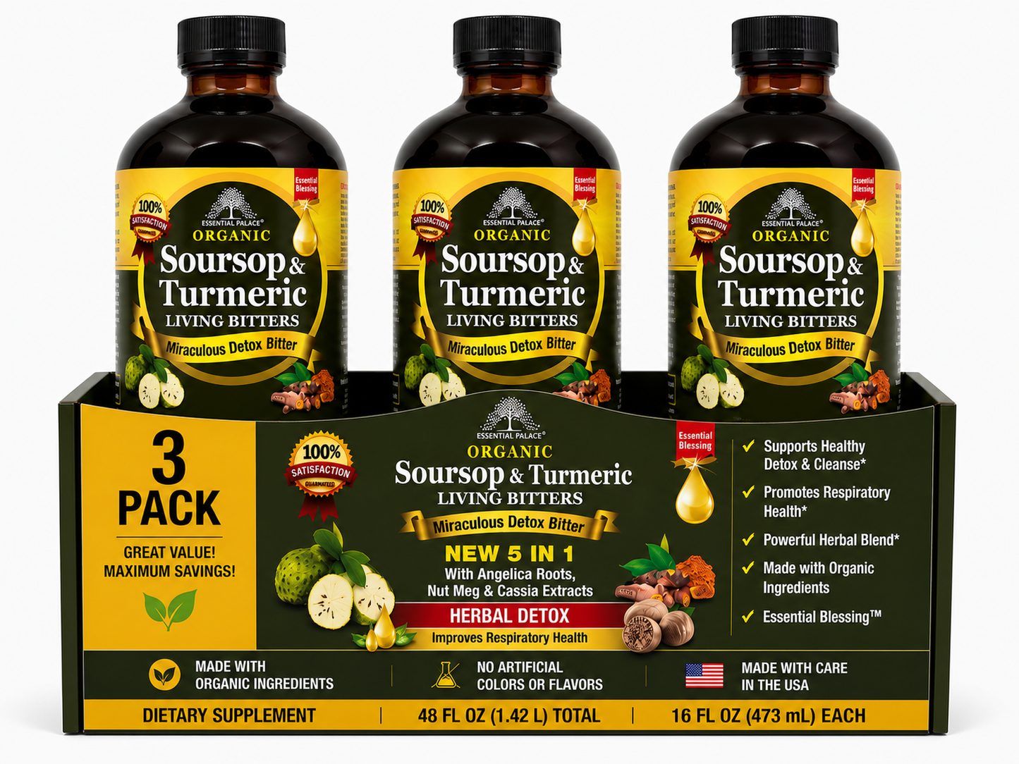 Soursop & Turmeric Living Bitters with Angelica Roots, Nutmeg & Cassia for Detox, Gut Health & Immune Support | Herbal Liquid Supplement