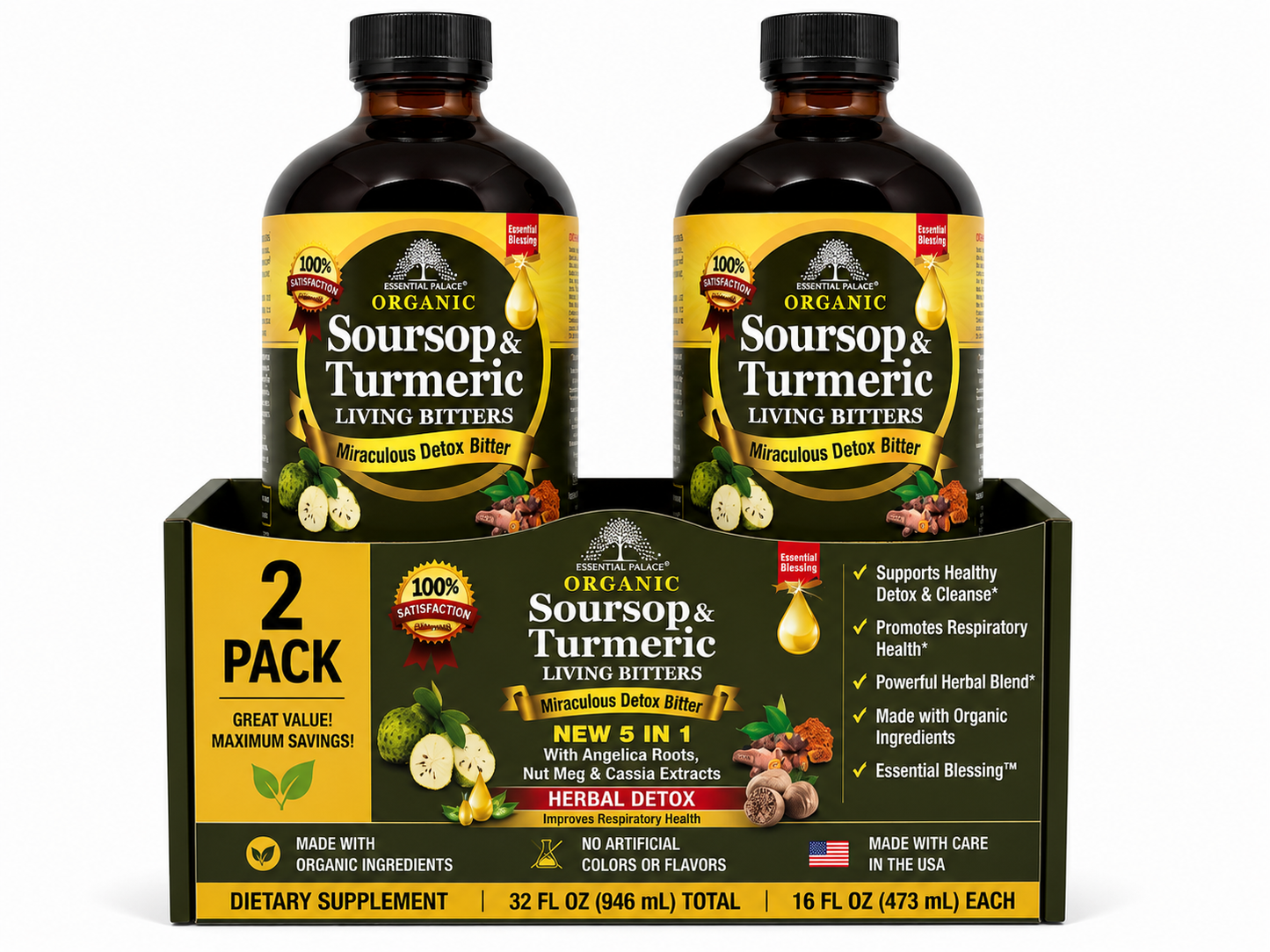 Soursop & Turmeric Living Bitters with Angelica Roots, Nutmeg & Cassia for Detox, Gut Health & Immune Support | Herbal Liquid Supplement