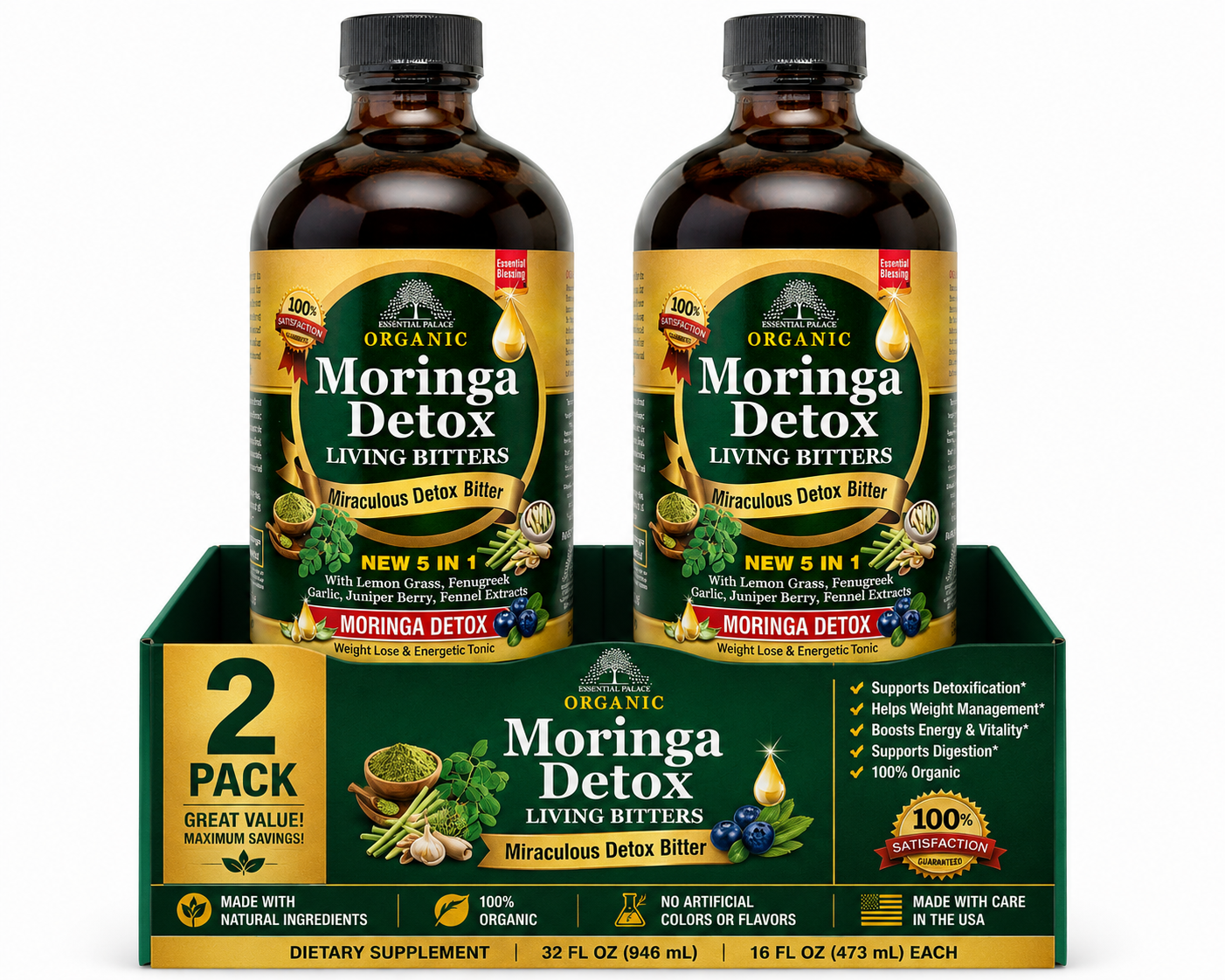 Moringa Detox Living Bitters with Lemongrass for Digestive & Daily Cleanse Support | Herbal Liquid Supplement