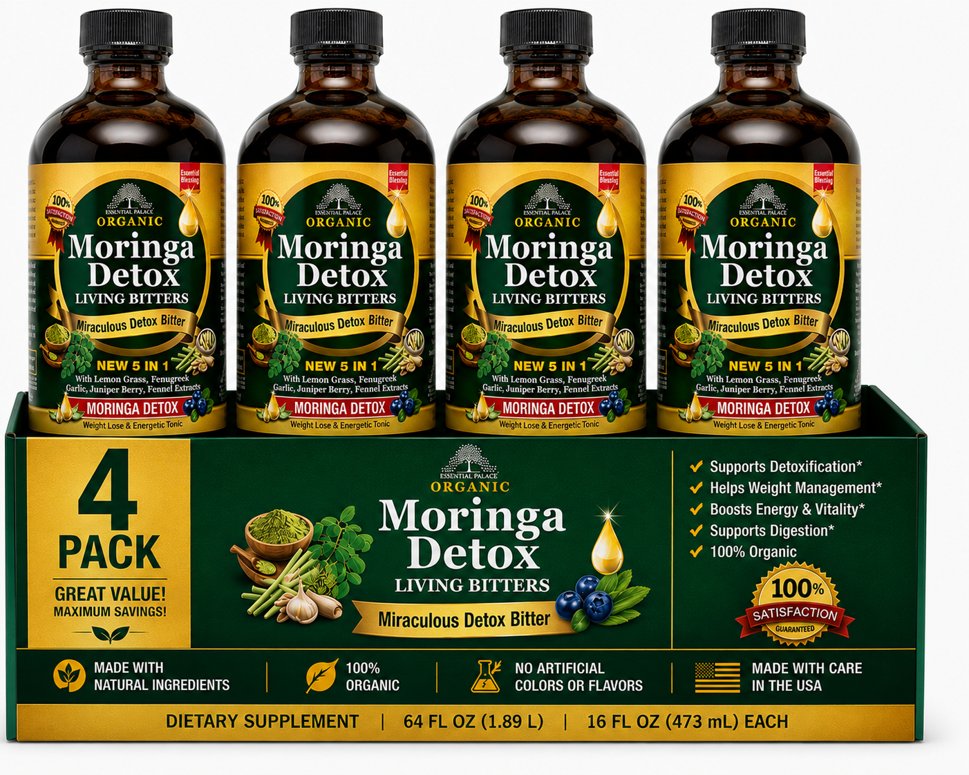 Moringa Detox Living Bitters with Lemongrass for Digestive & Daily Cleanse Support | Herbal Liquid Supplement