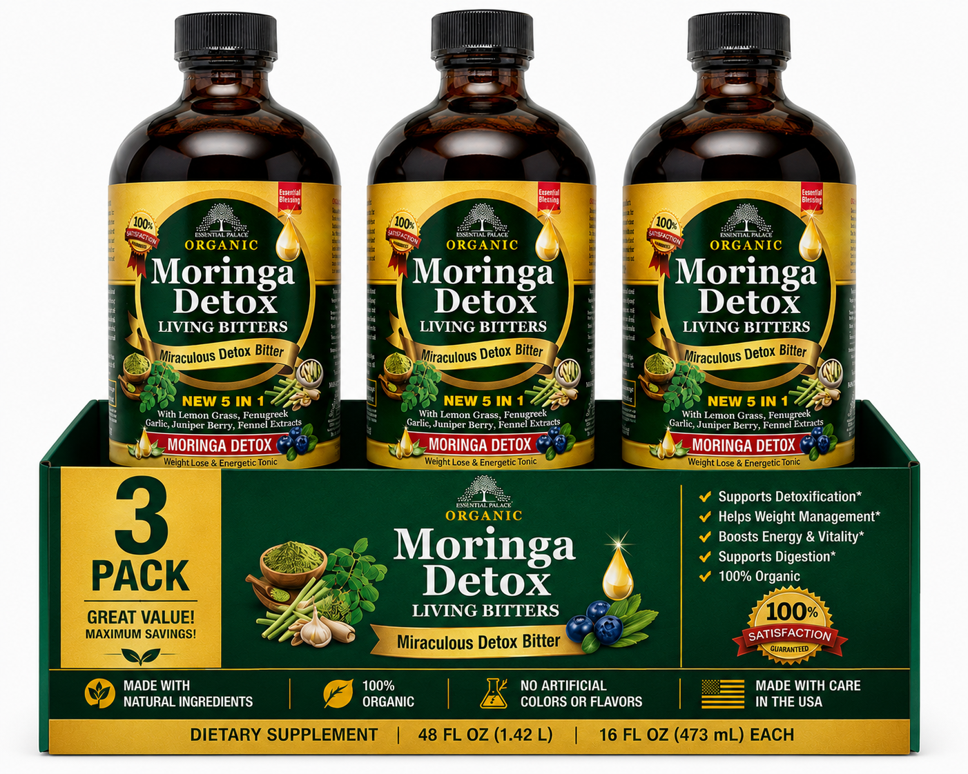 Moringa Detox Living Bitters with Lemongrass for Digestive & Daily Cleanse Support | Herbal Liquid Supplement