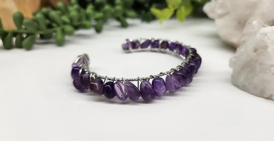 Amethyst Rough Gemstone Wire-Wrapped Bangle Bracelet