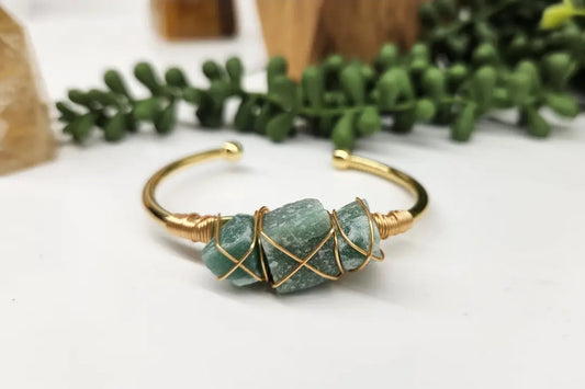 Green Aventurine Rough Gemstone Wire-Wrapped Bangle Bracelet